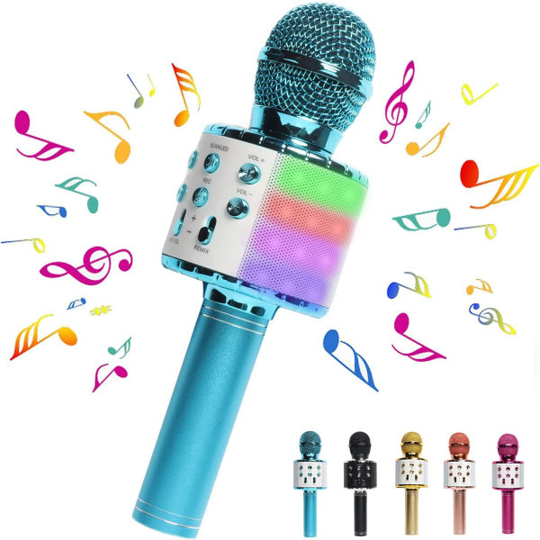 Karaokemikrofon för barn, trådlös Bluetooth mikrofon med LED-lampor, bärbar handhållen karaokemikrofon högtalare för flickor, pojkar, vuxna (blå)