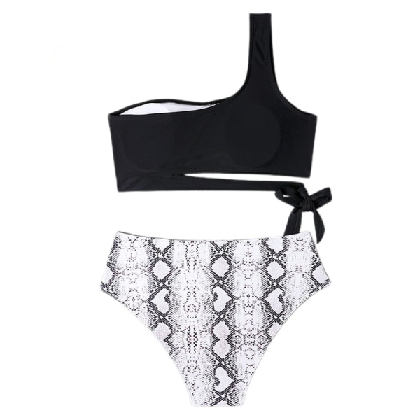 Dam Bikini med hög midja med hög midja snörning Högskurna tvådelade badkläder för semester, simning, pool (svart + vit ormskinn) S
