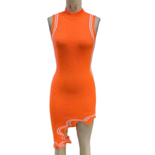 Damklänning Mode Casual axelbandslös kontrastrandig stickad tröjaklänning (orange L)