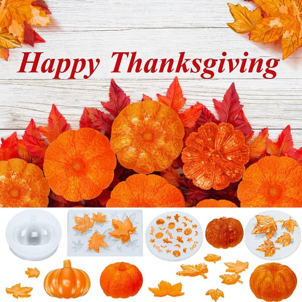 7 Stykker Græskar Silikonforme Halloween Harpiksforme Thanksgiving Lys Epoxy Mapleforme Blandede Spøgelsesforme til Efterår DIY Håndværk