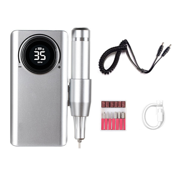 Nail Drill Kit Portable LCD Display Electric Multifunctional Nail File Drill Power Bank for Polishing Silver