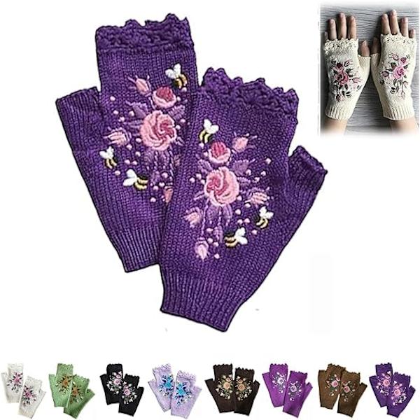 Handbroderade Vantar, 2023 Nya Damernas Stickade Vantar Blommiga Vantar, Vinter Handgjorda Broderade Stickade Fingervantar, 03