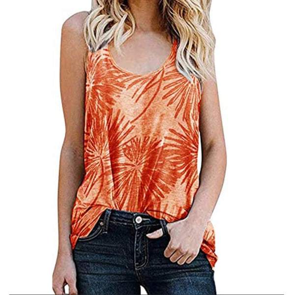 Damer sommar U-hals Boho blommigt print linne Casual ärmlösa skjortor Camis, orange（M）