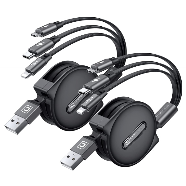 1-delad uppgraderad multifunktionsladdningskabel, 3-i-1 infällbar USB laddningskabel, med C-typ, Micro USB, telefonport (3,6 fot)