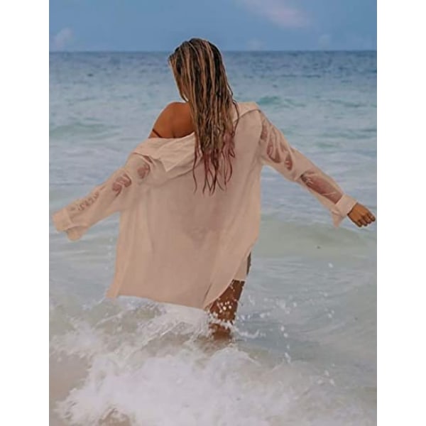 Kvinde Langærmet Strandskjorte Bluser Nedfoldet Krave Badetøj Cover Ups, G-apricot