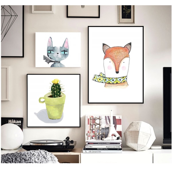 Räv och katt väggkonst canvas tryck affisch, enkel söt akvarellkonst ritning dekor (Set om 3 oramade, 8''x10'')
