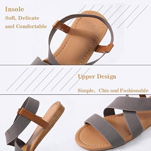 Elastiska söta platta sandaler för kvinnor Casual sommar strandskor Sandal semester resor Gladiator sandaler ------ Brun（Storlek 39）