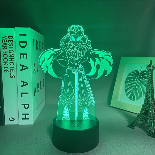 WJ Anime Light Rengoku Kyoujurou Figur 3D Led Illusion Natlampe Touch/Fjernbetjening Farveskiftende til Værelsesindretning Manga Sengebords USB Bordlampe