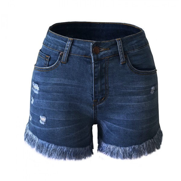 Casual jeansshorts för kvinnor Frased Raw Fåll Ripped Jeans Shorts --- Mörkblå (Storlek XXL)