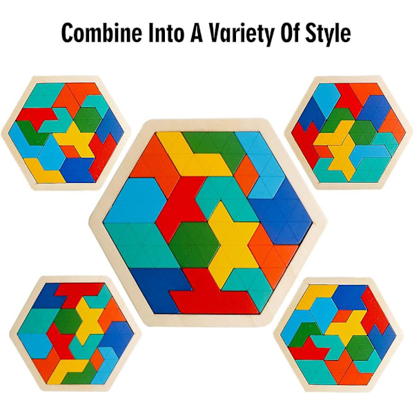 Skrtuan Trä Hexagon Pussel för Barn Vuxna Hjärnteaser Block Pusselspel Leksak Form Mönster Block Tangram Geometri Logik IQ ST