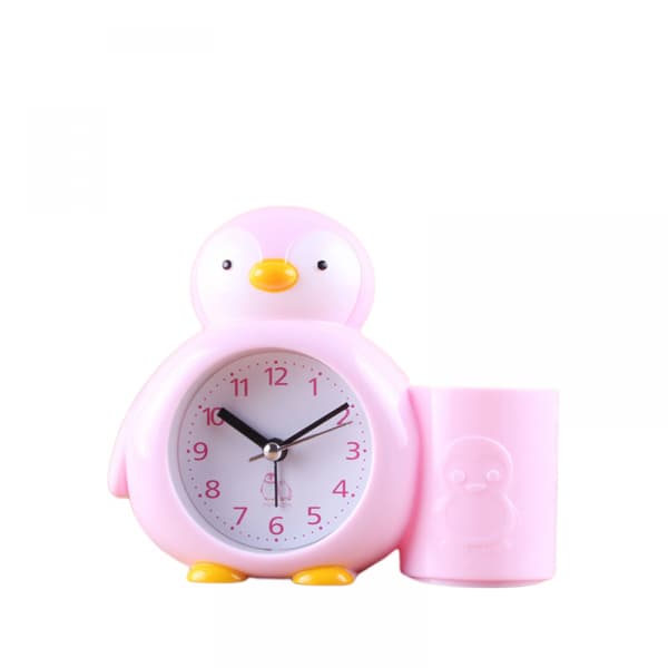 Barnklocka, pingvinpennhållare, väckarklocka, kontorsbordsur, sängtimer, väckarklocka, studentpresent - rosa