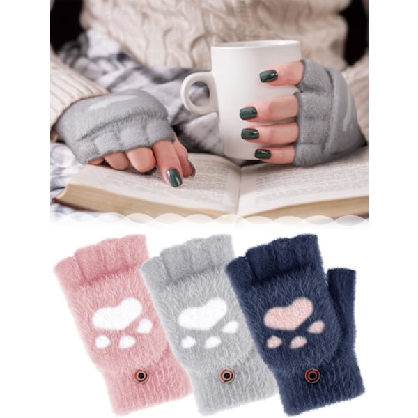 3 Par Vinter Fingerlösa Vantar Varma Omvandlingsbara Vantar Klaffskydd Katt Tass Vantar för Kvinnor Kallt Väder Cosplay (Ljusgrå, Pin