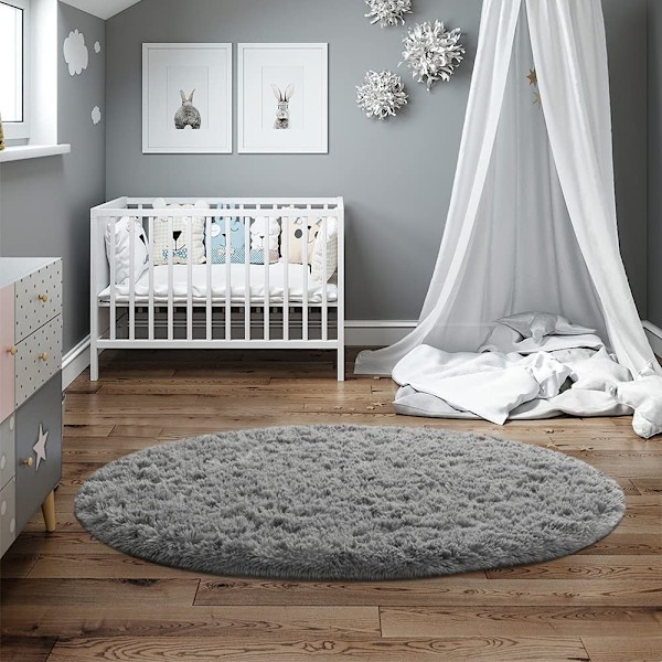 Runda matta i enfärgad design, diameter 80 cm/31,5 tum, mjuk plysch, halkfri, fluffig (grå)