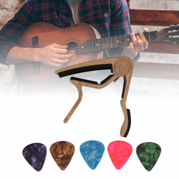 Capo med snabbspänne, tillbehörssats med 5 st plektrum för bas, banjo, ljus träfärg