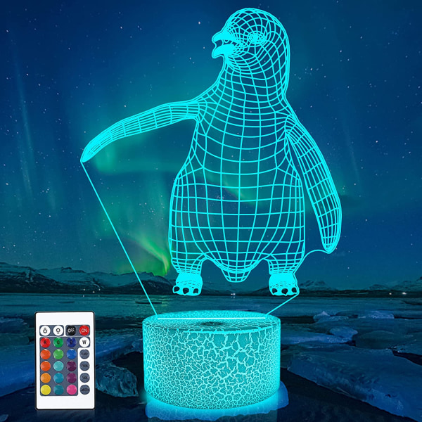 JUSTUP Penguin Nattljus 3D Illusion Ljus Djur Lampa 16 färger Ändras med fjärrkontroll Barn Sovrumsinredning Jul Födelsedagspresenter för pojkar Flickor