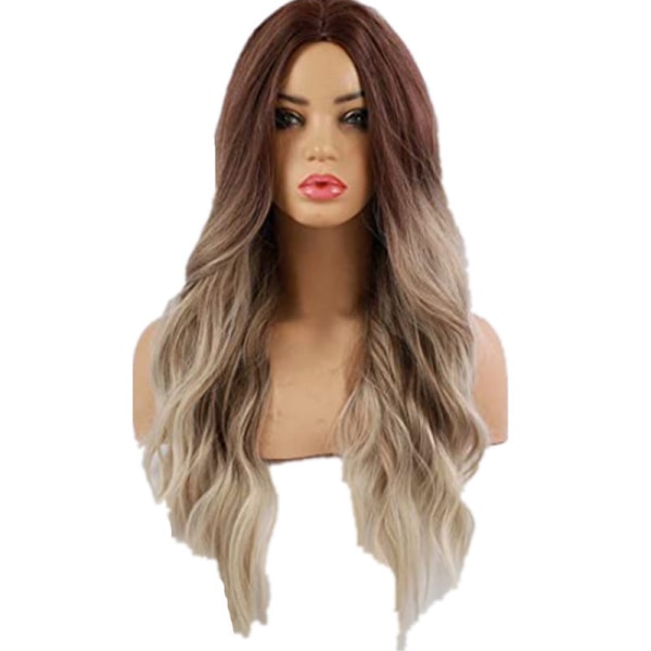 Long Wavy Ombre Brown to Blonde Wig for Women Middle Part Synthetic Wig Natural Daily Dark Roots Heat Resistant Fiber Wigs