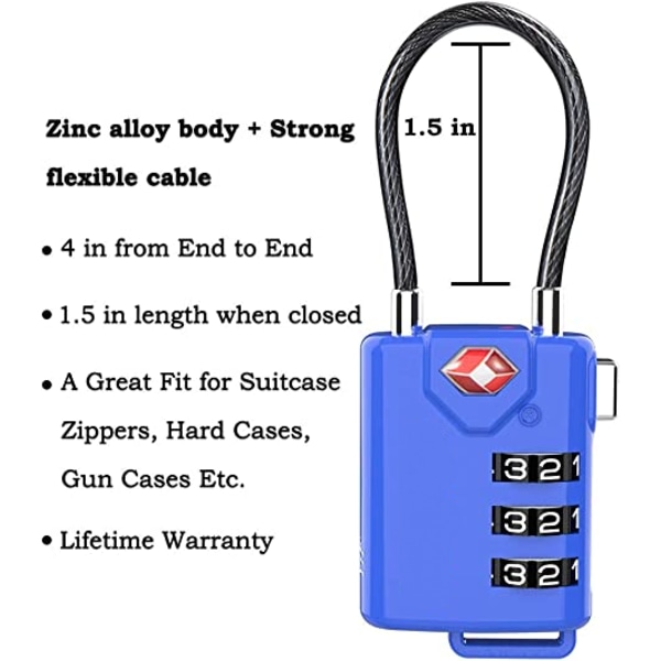 Minivajerkombinationslås Godkänd kabelbagagelås, återställbar kombination med legeringskropp (blå, 2pack)