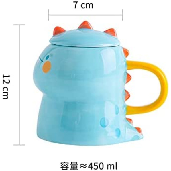 Dinosaur krus med låg 3D krus Keramisk mælkekrus Kaffe krus Tekop Par krus Fødselsdagsgave (dinosaur, blå, 450 ml)