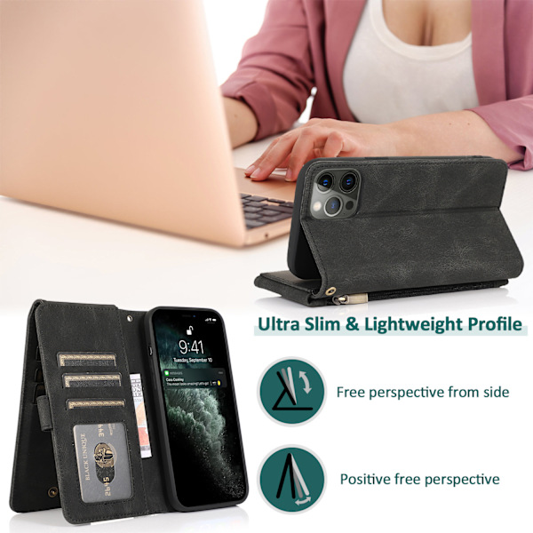 Plånboksfodral för iPhone 13 Pro Max, Lättviktigt Läder Kortfodral Kontantficka Ställ Handrem Plånboksfodral med Dragkedja