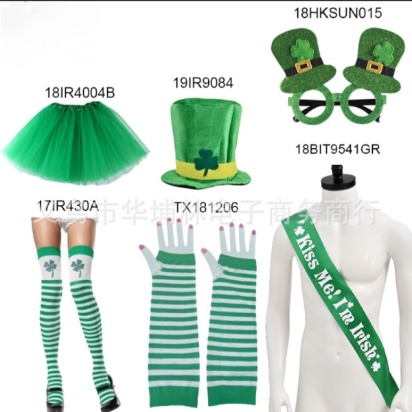 St. Patrick's Day Dräktdekorationer Irländskt Set Sammetsmössa Klöverremmar Randiga handskar Trelagersslöja Festklänning