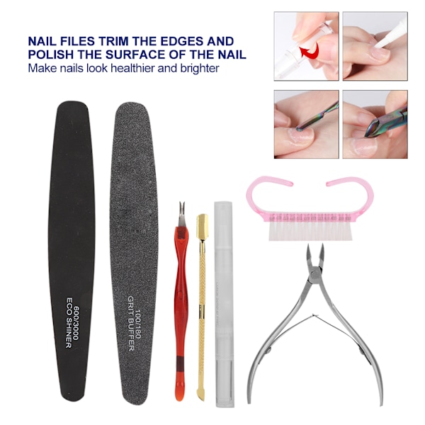 Nageltrimningsverktyg Set Död Hud Sax Gaffel Stål Pusher Nagel Fil Dammborste Kit 7st