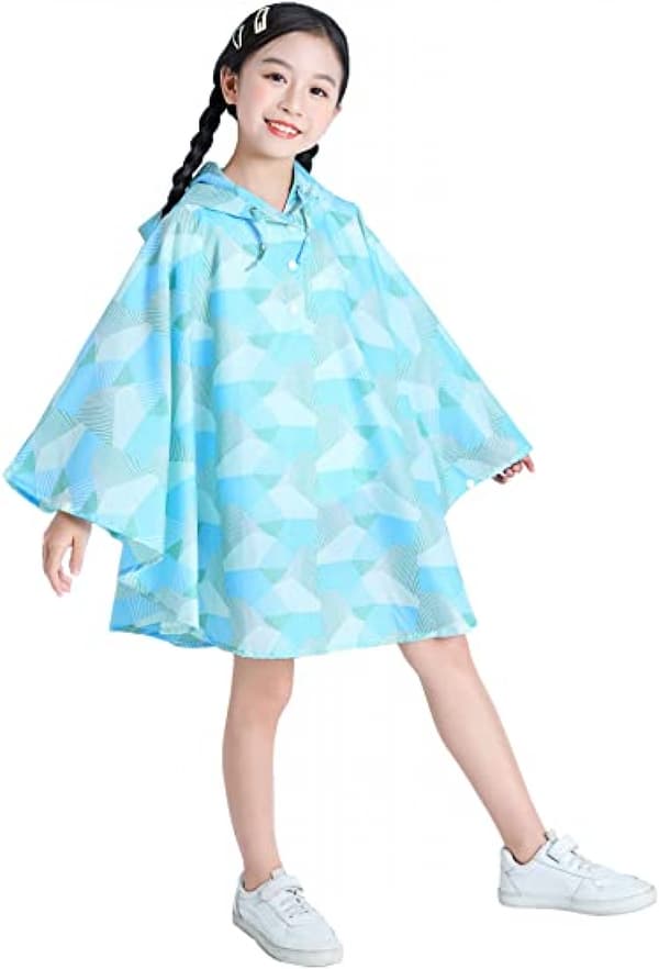 Barne regnponcho med hette, geometrisk blå, S
