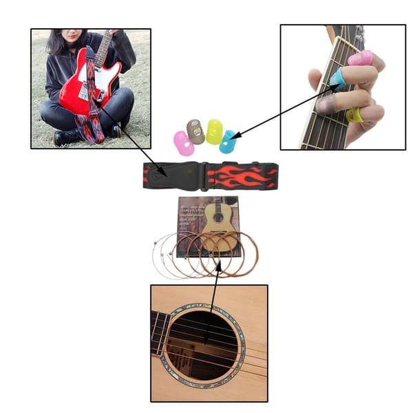 Gitartilbehørsett Bærestropp 4 stk Silikon Tommelbeskyttere 6 stk Rustfrie Gitarstrenger