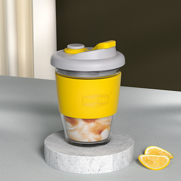 Återanvändbar kaffekopp i glas med lock och halkfri hylsa - Säker, bärbar, hållbar dricksmugg - BPA-fri (Citrongul, 340 ml)