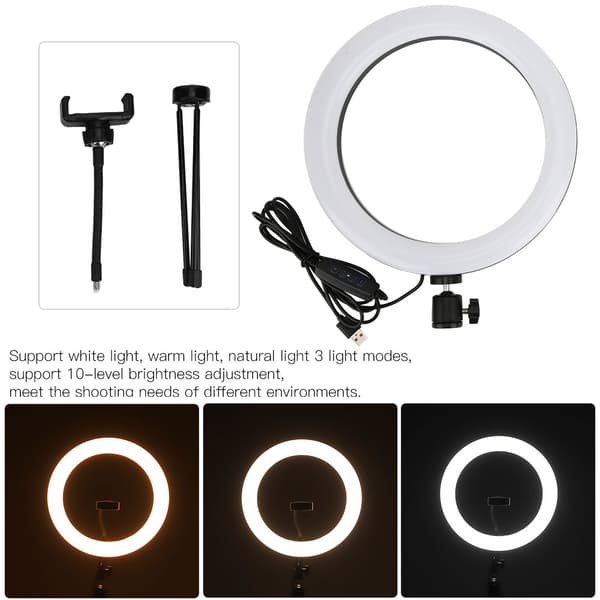 10 tommer USB-ringlysæt med slange-telefonclips, 10 niveauer lysstyrkejustering, 3 lystilstande til live makeup