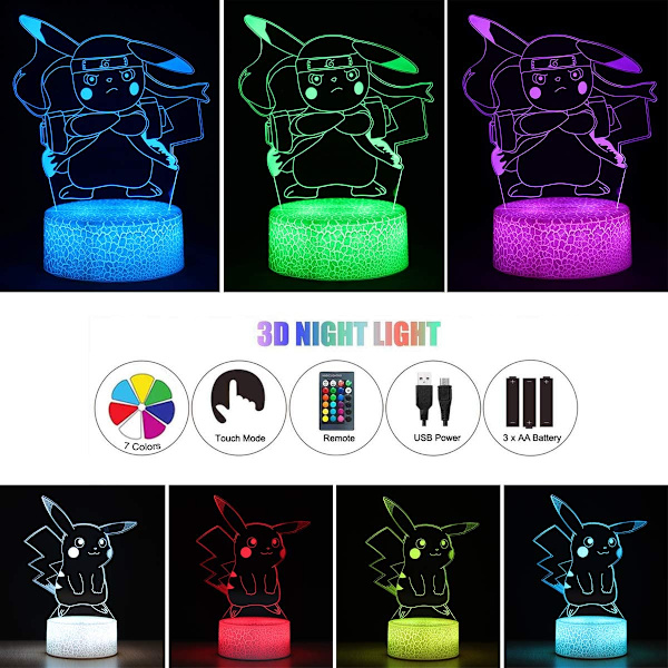 3D Pikachu Anime Lampe - Pikachu Lekefargede Dekorlampe med Fjernkontroll & Smart Berøring, Jule- og Bursdagsgaver for Pikachu-Fans