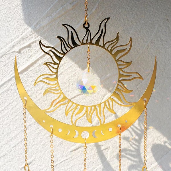 WJ123 Solfangere Krystal Vindklokker - Stor Sol og Måne Solfanger til Vinduer Hængende Prisma Krystaller Boho Hjem Have Baghave R Prism Sun