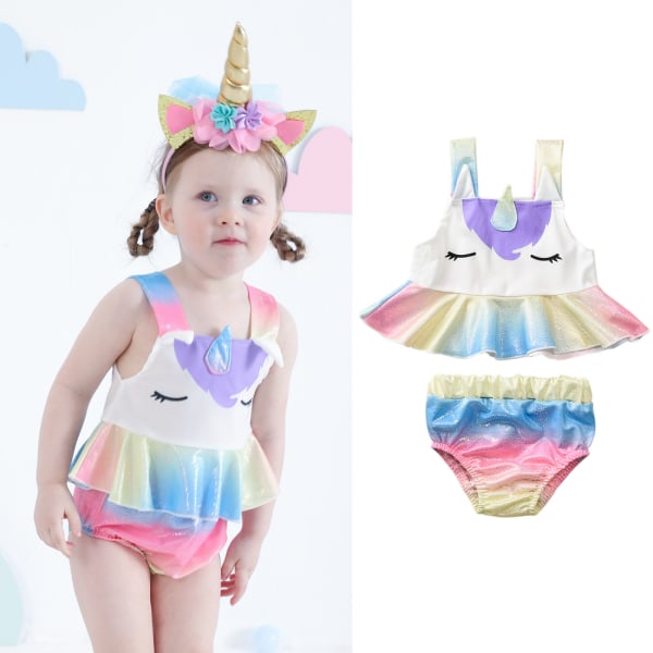 AVEKI Pige Unicorn Badetøj Badetøj Pige Ruffled Tankini Bikini Todelt Badetøj Strandtøj, 6-7 År, Regnbue