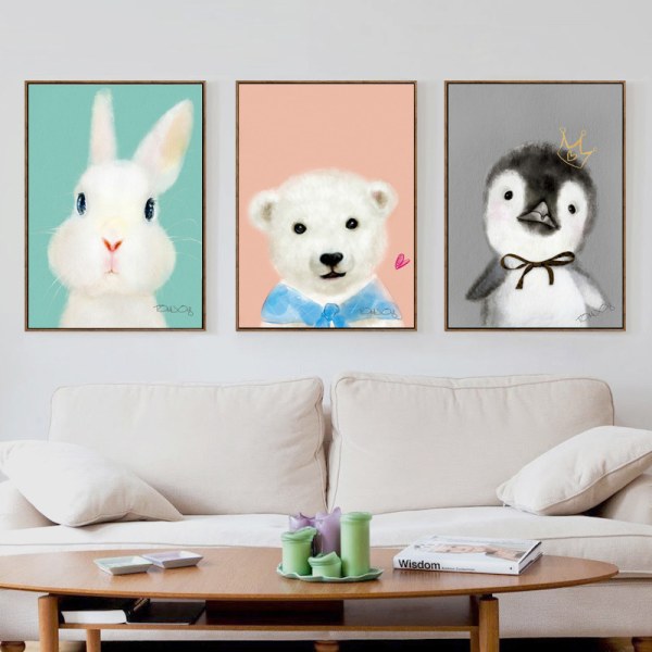 Piirretty pingviini, kani ja karhu seinätaide-kangaskuvaprinttijuliste, yksinkertainen söpö vesiväripiirroskoriste (3 osan sarja kehystämätön, 24''x31.5'')