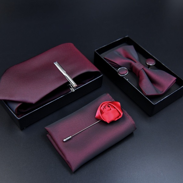 Set med 6 slipsar för män Modeslipsar Slips Möteskläder för bröllopsfest (fluga, slips, slips, fickruta, manschettknappar, corsage), GO05