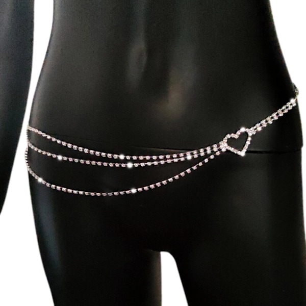 Flerskiktad midjekedja med strass, magkedjor för mage, bälte, sommarkläder, strandkläder, kristallkroppssmycken för kvinnor och flickor (silver)