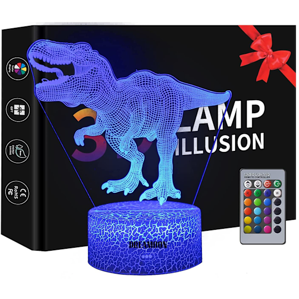 Dinosaur 3D Illusion Lamp, Dinosaur Night Light for Kids, T-rex Dinosaur Toy for Boys and Girls, 16 Colours Changing Acrylic LED Nig