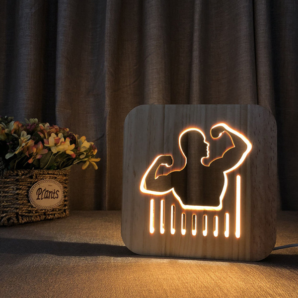 Nattljus för bodybuilding Trä 3D-lampa Kreativa träljus 3D träsniderimönster LED-nattljus för skrivbordsbord med USB -drivet hem