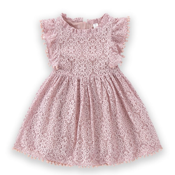 Tjejklänning Spetsklänning Ihålig spetsboll Flygärmar Barnprinsess ihålig kjol ----- Rosa （Storlek 100）