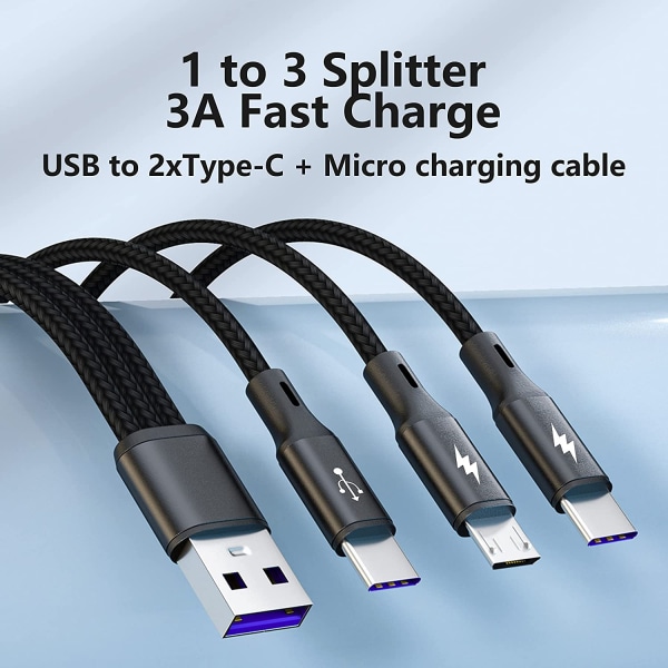 Multi USB C splitterkabel, USB A till Dual Type-C + Micro USB hane-laddningskabel, nylon kabel med 3x0,3 m kabel, 5A snabbladdning, kompatibel