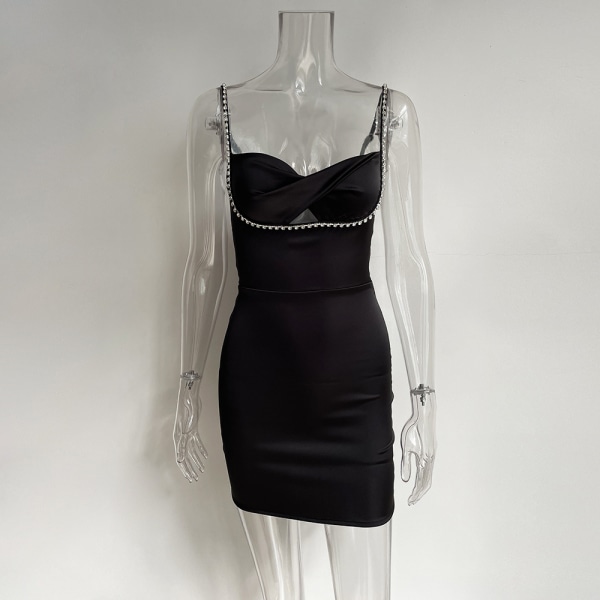 Casual Basic linne för kvinnor Sexig ärmlös Bodycon Mini Club-klänning (svart S)