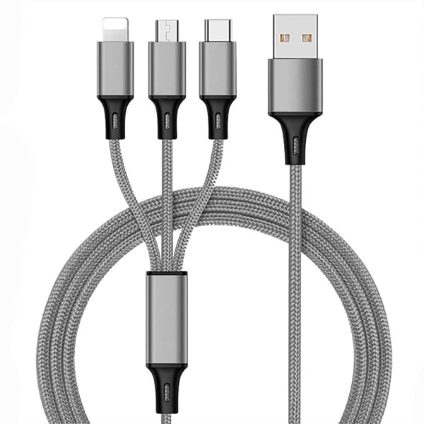 Universal 3-i-1 nylon USB laddningskabel, 4 fot/1,2 M, 3A (IP+Typ-C+Micro-USB) - Space Grey