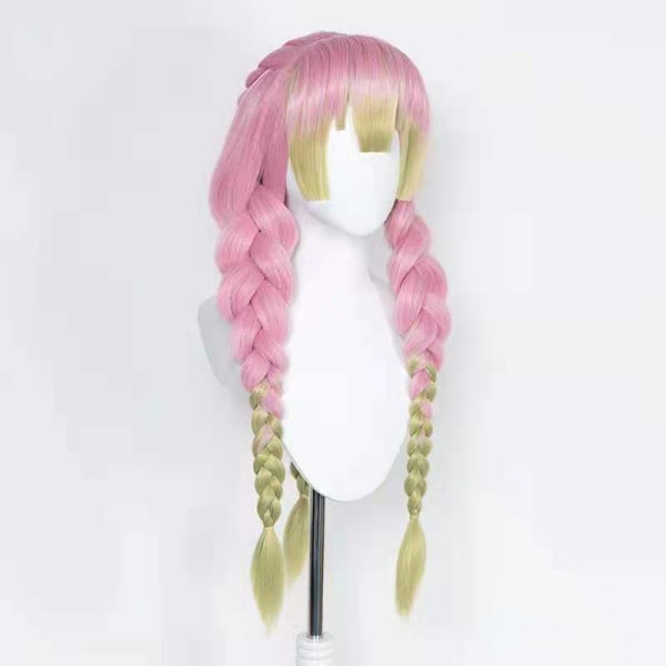 Anime rosa och grön peruk för Mitsuri Cosplay flätat hår peruk med pigtails Halloween fest peruk + cap