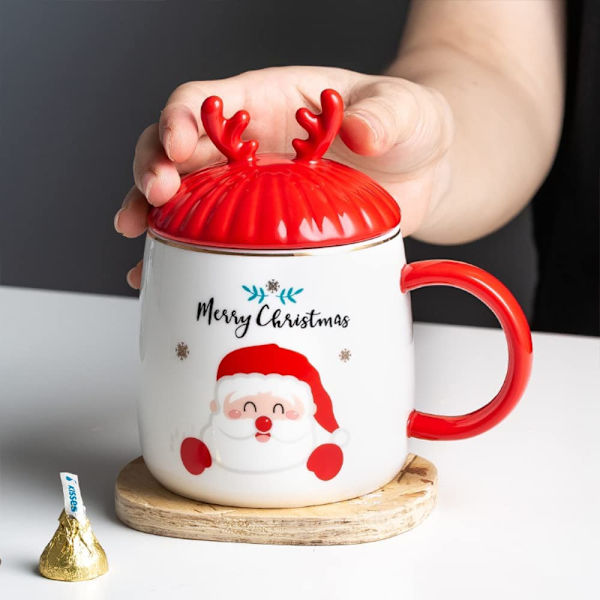 Söt mugg jul kaffemugg, högkvalitativ keramik, hög temperaturbeständig, 15oz med 3D-lock och sked, julklapp, tomten