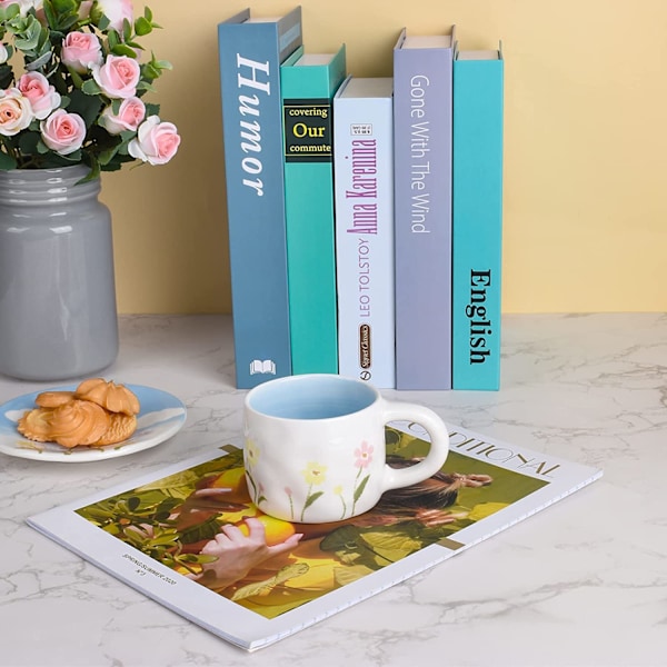 Keramisk kaffekop med underkopssæt, kreativt blomsterkrus unikt design til kontor og hjem, 8,5oz/250ml til latte te mælk (forår)