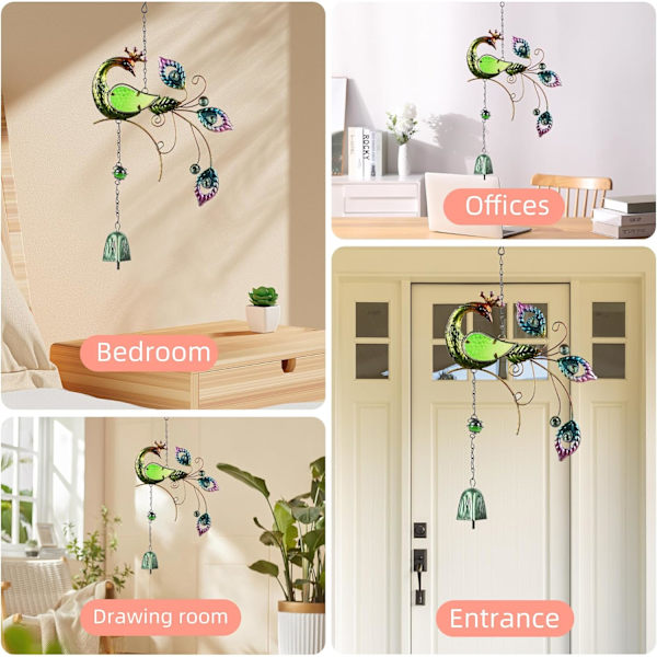 Gröna påfågelvindspel, trädgårdsglasvindspel för hem, fest, festivaldekoration, trädgårdsdekoration inomhus/utomhus, livlig grön Green Peacock Bell