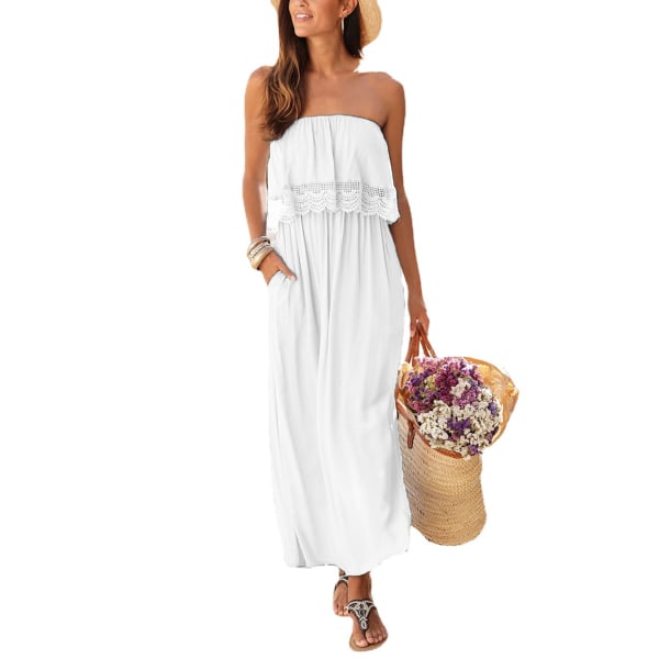 Sommerkjole for kvinner, strand Boho stroppeløs cover ups off shoulder blomster sommerkjoler (hvit M)