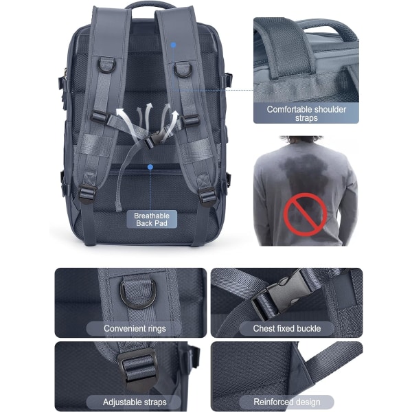 Anti-tyveri vandtæt rejse laptop rygsæk B5-grey blue-expandable Extra Lrande