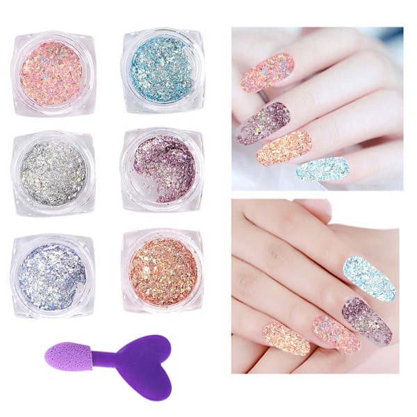 6 färger nagelkonst glitterpulver nagel DIY dekoration paljetter manikyrverktyg med borste