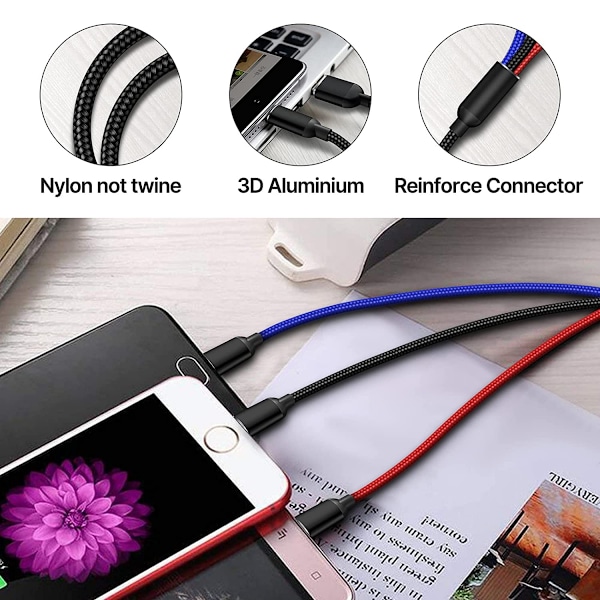 Multiladdningskabel, Multiladdningskabel Nylon Flätad 3 i 1 Laddningskabel Multi USB-kabel Snabbladdningskabel med Typ-C, Micro USB och IP-port,