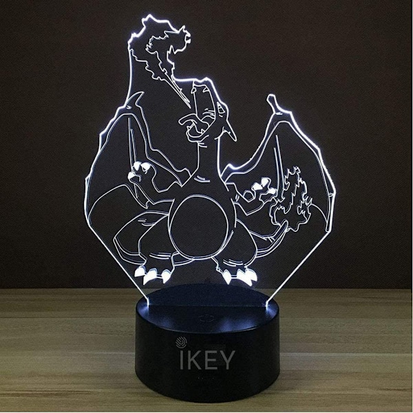 3D Illusion Charizard LED nattlys, 7 farger gradvis endring USB berøring bryter 3D visuelle lys for feriegaver eller hjemmedekorasjoner